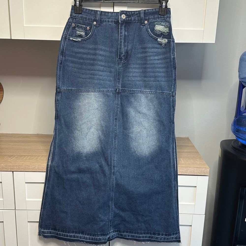 Denim Maxi Skirt Dark Wash Double Slit Raw Hem Western Festival Pockets Size M